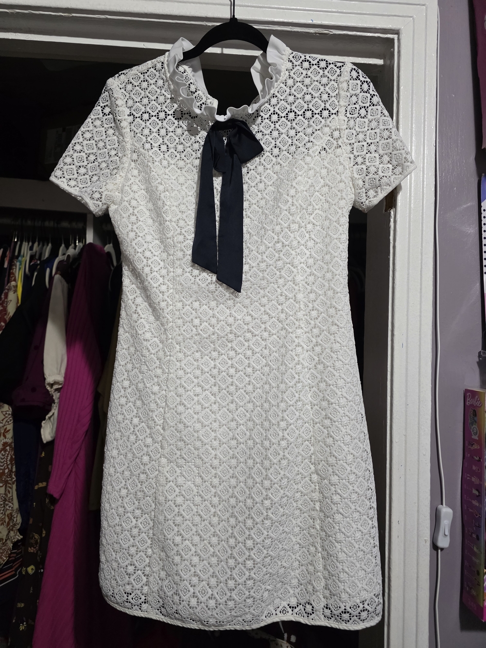 White Lace Mini Dress with Black Bow